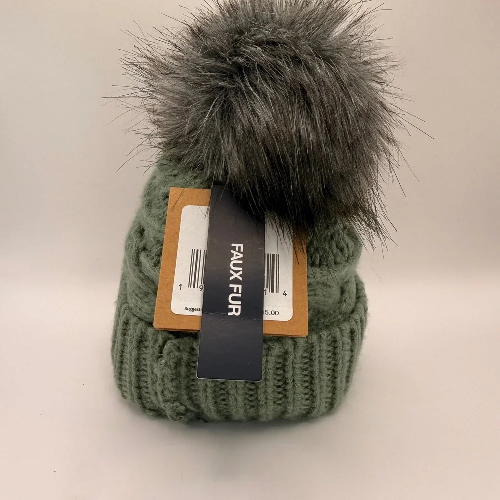 The North Face Kids Triple Cable Beanie Laurel Wreath Green Faux Fur Pom Pom‎